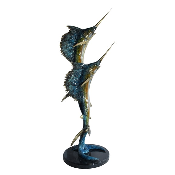 Twin Sailfish Bronze Statue with Colorful Enamel Finish 17" x 17" x 56"H