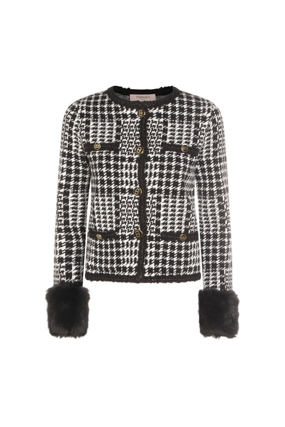 Twin-Set Houndstooth Pattern Jacket With Faux Fur Accents (Women's)