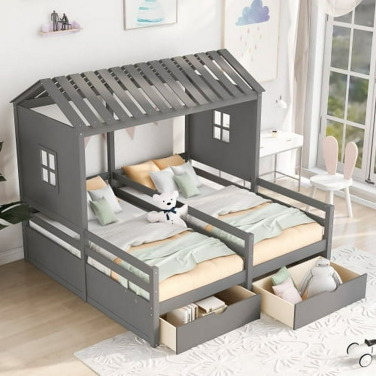 Twin Shared Beds House Platform Bed Twin Size House Platform Beds with Two Drawers Wooden Bed Frame with Roof and Window Bedroom Furniture Can be