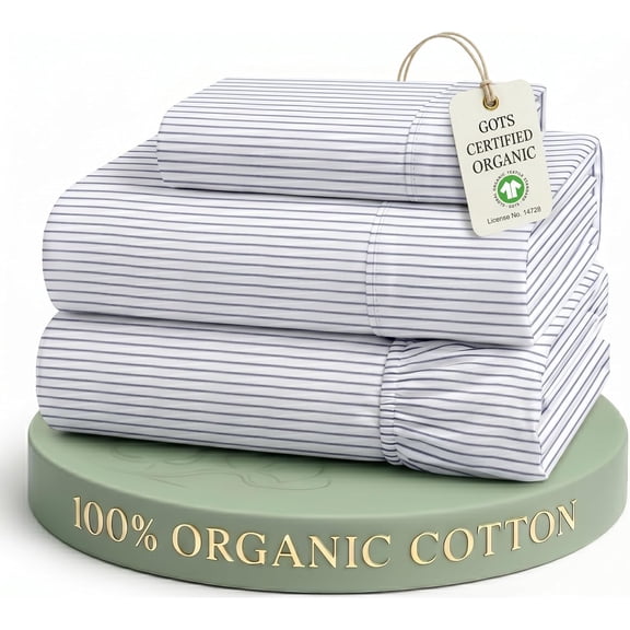 Twin Sheet Set 100% Organic Cotton Percale Ticking Stripe Cobalt Blue