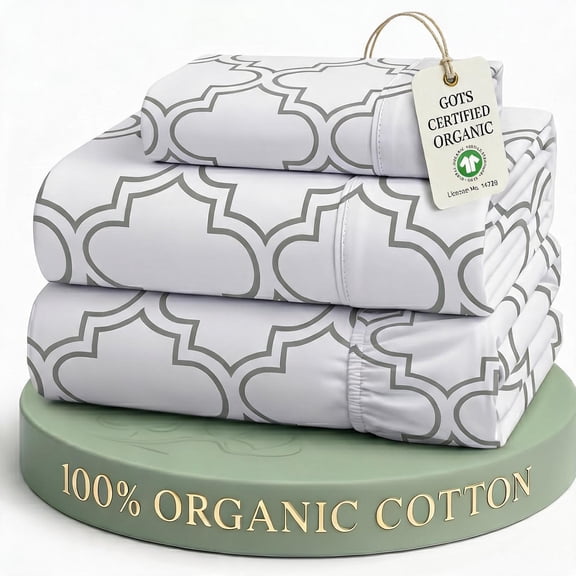 Twin Sheet Set 100% Organic Cotton Percale Trellis-Silver