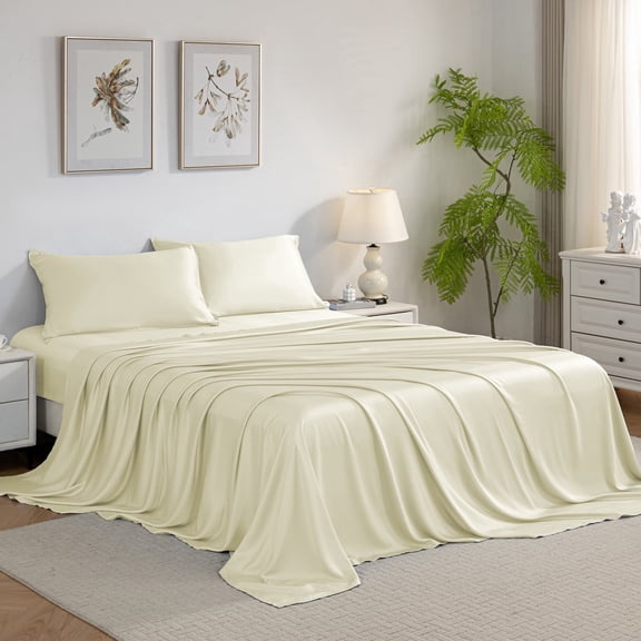 Twin Sheet Set 3 Piece, 100% Viscose Derived from Bamboo, 16” Deep Pocket, Ultra Soft & Luxuriously for Hot Sleepers, Breathable Silky Bedding Sheets & Pillowcases, Beige