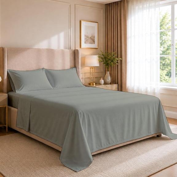 Twin Sheet Set 4 Piece 100% Cotton Fits Up to 15 Inch Deep Mattress 39 x 75 Light Grey Solid
