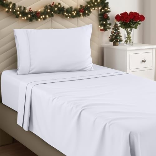 Twin Sheets Set - Brushed Microfiber - Soft Bed Sheets for Twin Size Bed Set - Includes 1 Fitted, 1 Flat, & 1 Pillow Case - Deep Pocket (White)