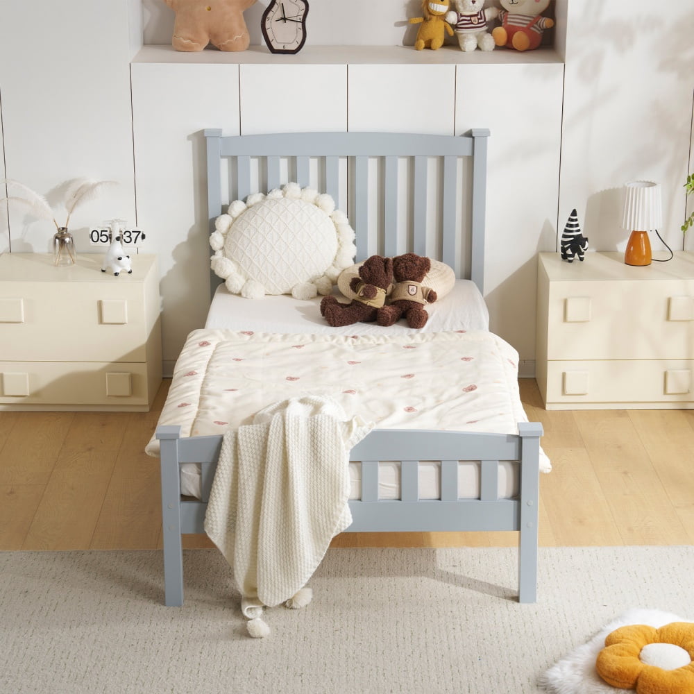 Twin Single-Layer Wooden Bed Vertical Decorative Strips Curved Headboard and Footboard Bed Frame Painted Pine Bed Frame, 79.33*42.52*38.98in Grey