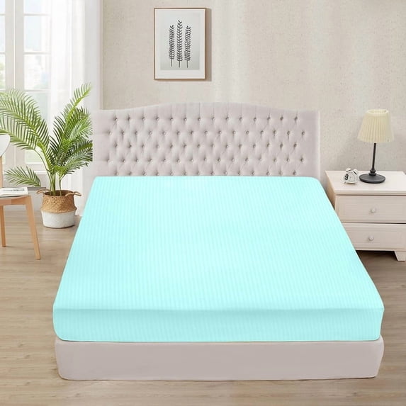 Twin Size 1-Piece Fitted Sheet – 800 Thread Count, 100% Egyptian Cotton, Aqua Blue Stripe Pattern, 27-Inch Deep Pocket Soft & Breathable