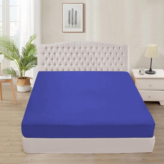 Twin Size 1-Piece Fitted Sheet – 800 Thread Count, 100% Egyptian Cotton, Royal Blue Stripe Pattern, 27-Inch Deep Pocket Soft & Breathable