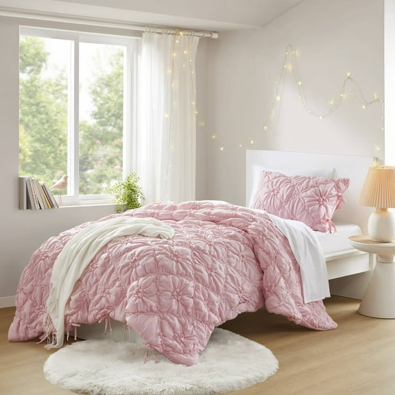 Twin Size 2PCS Comforter Set, Pink Ruched Bow Tie Quilted Bedding with Pillow Sham, All Season