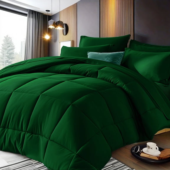 Twin Size 2PCS Emerald Green Comforter Set, Soft Bedding with Pillow Shams, Solid Color, All Season.