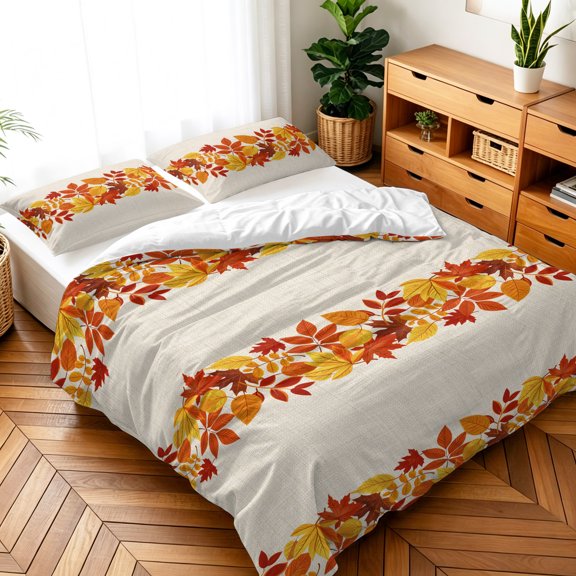 Twin Size 3 Pieces Duvet Cover Sets Autumn Thanksgiving Orange Maple Leaf Bedding Set,Microfiber Soft Comforter Cover with Pillow Shams,Luxury Quilt Covers for Bedroom Decor Vintage Linen Texture