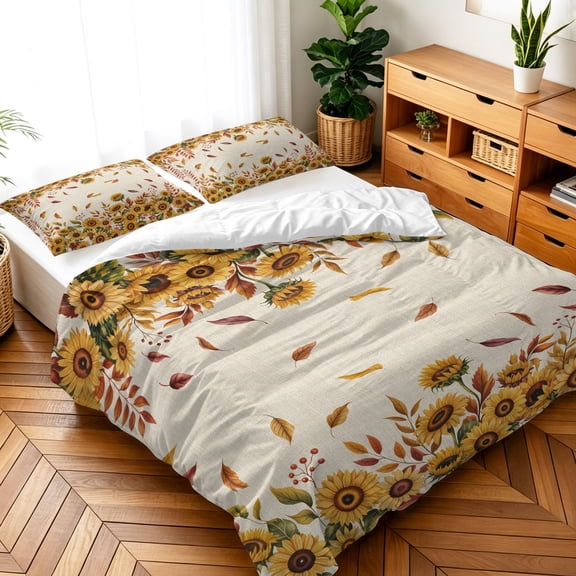 Twin Size 3 Pieces Duvet Cover Sets Autumn Yellow Sunflower Leaf Bedding Set,Microfiber Ultra Soft Comforter Cover with Pillow Shams,Luxury Quilt Covers for Bedroom Decor Thanksgiving Plant on Linen