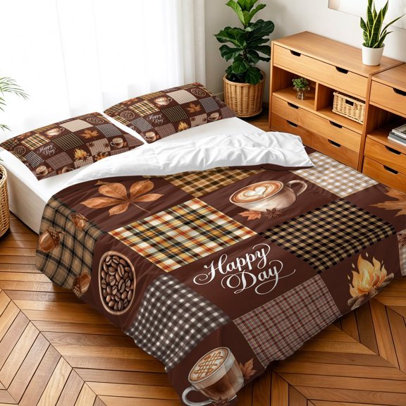 Twin Size 3 Pieces Duvet Cover Sets Coffee Fall Maple Leaf Bedding Set,Microfiber Ultra Soft Comforter Cover with Decorative Pillow Shams,Luxury Quilt Covers for Bedroom Decor Vintage Brown Plaid