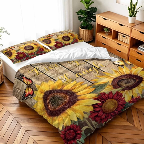 Twin Size 3 Pieces Duvet Cover Sets Country Yellow Sunflowers Bedding Set,Ultra Soft Comforter Cover with Decorative Pillow Shams,Luxury Quilt Covers for Bedroom Decor Butterfly on Wood Grain