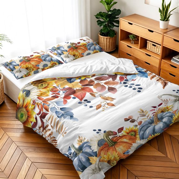 Twin Size 3 Pieces Duvet Cover Sets Fall Leaves Sunflower Thanksgiving Pumpkin Bedding Set,Microfiber Soft Comforter Cover with Pillow Shams,Luxury Quilt Covers for Bedroom Decor Watercolor Flower