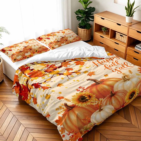 Twin Size 3 Pieces Duvet Cover Sets Fall Pumpkin Sunflower Maple Leaf Bedding Set,Microfiber Soft Comforter Cover with Pillow Shams,Luxury Quilt Covers for Bedroom Decor Thanksgiving Orange Botanical