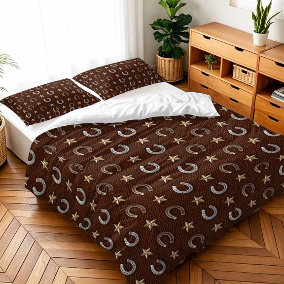 Twin Size 3 Pieces Duvet Cover Sets Retro Western Horse-footed Iron on Brown Bedding Set,Microfiber Ultra Soft Comforter Cover with Pillow Shams,Luxury Quilt Covers for Bedroom Decor Yellow Star