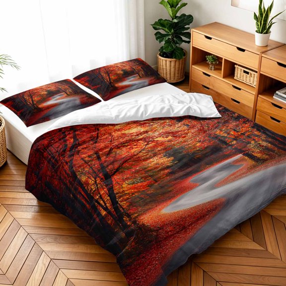 Twin Size 3 Pieces Duvet Cover Sets Rustic Maple Leaf Tree Road Bedding Set,Ultra Soft Comforter Cover with Decorative Pillow Shams,Luxury Quilt Covers for Bedroom Decor Watercolor Autumn Leaves