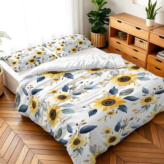 Twin Size 3 Pieces Duvet Cover Sets Spring Sunflower Leaf Seamless Bedding Set,Ultra Soft Comforter Cover with Decorative Pillow Shams,Luxury Quilt Covers for Bedroom Decor Farm Blossom Floral