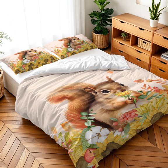 Twin Size 3 Pieces Duvet Cover Sets Squirrel Sunflower Autumn Thanksgiving Bedding Set,Soft Comforter Cover with Pillow Shams,Luxury Quilt Covers for Bedroom Decor Watercolor Flowers Leaves