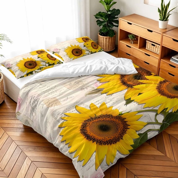 Twin Size 3 Pieces Duvet Cover Sets Summer Farm Sunflower Bedding Set,Microfiber Ultra Soft Comforter Cover with Pillow Shams,Luxury Quilt Covers for Bedroom Decor Retro Floral on Newspaper