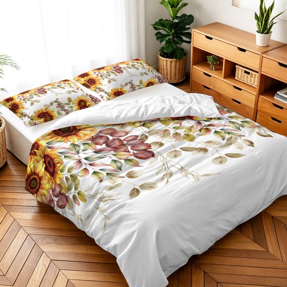 Twin Size 3 Pieces Duvet Cover Sets Sunflower Fall Eucalyptus Leaves Seamless Bedding Set,Soft Comforter Cover with Pillow Shams,Luxury Quilt Covers for Bedroom Decor Happy Thanksgiving Fallen Leaf