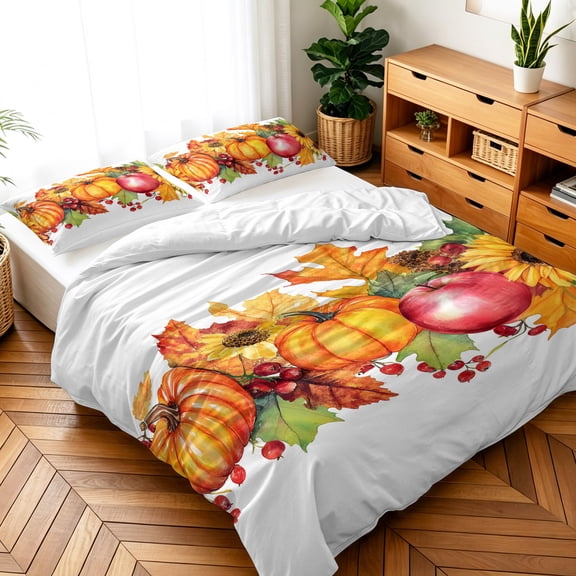 Twin Size 3 Pieces Duvet Cover Sets Thanksgiving Pumpkin Sunflower Berries Bedding Set,Microfiber Ultra Soft Comforter Cover with Pillow Shams,Luxury Quilt Covers for Bedroom Decor Autumn Leaves