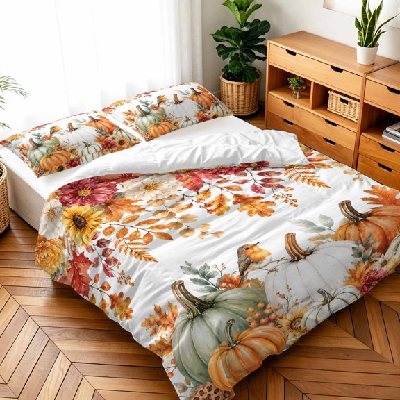 Twin Size 3 Pieces Duvet Cover Sets Thanksgiving Pumpkin Sunflower Floral Bedding Set,Microfiber Ultra Soft Comforter Cover with Pillow Shams,Luxury Quilt Covers for Bedroom Decor Orange Watercolor