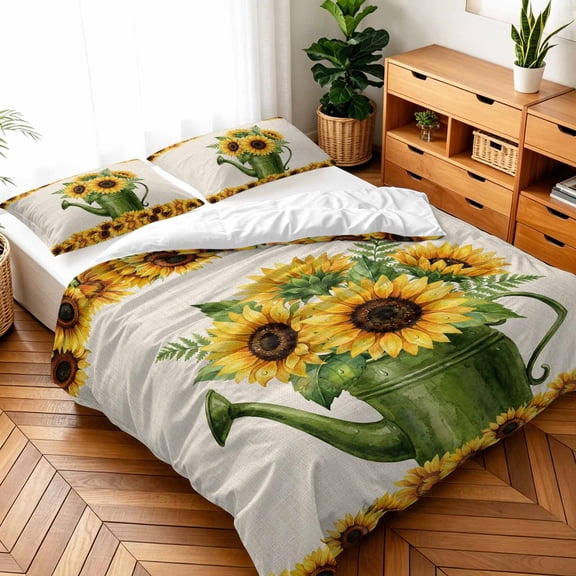 Twin Size 3 Pieces Duvet Cover Sets Watercolor Sunflower Watering Can Bedding Set,Soft Comforter Cover with Decorative Pillow Shams,Luxury Quilt Covers for Bedroom Decor Farm Blossom Floral on Linen