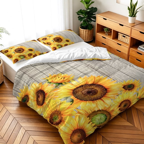 Twin Size 3 Pieces Duvet Cover Sets Yellow Sunflower Farmhouse Plank Bedding Set,Ultra Soft Comforter Cover with Decorative Pillow Shams,Luxury Quilt Covers for Bedroom Decor Summer Country Blossom