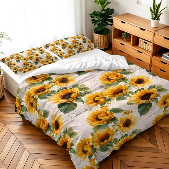 Twin Size 3 Pieces Duvet Cover Sets Yellow Sunflower Summer Leaves Bedding Set,Microfiber Ultra Soft Comforter Cover with Pillow Shams,Luxury Quilt Covers for Bedroom Decor Farmhouse Floral Plant