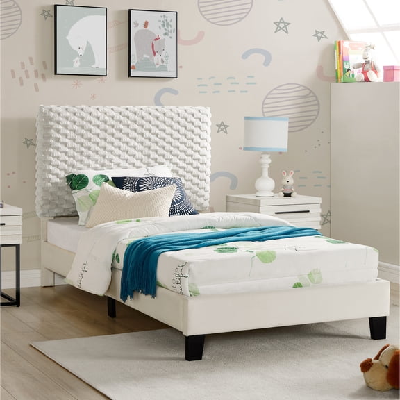 Twin Size 3d Upholstered Platform Bed In White - Height Adjustable For Personalized Comfort Easy Installation Headboard Custom Long-lasting Stability