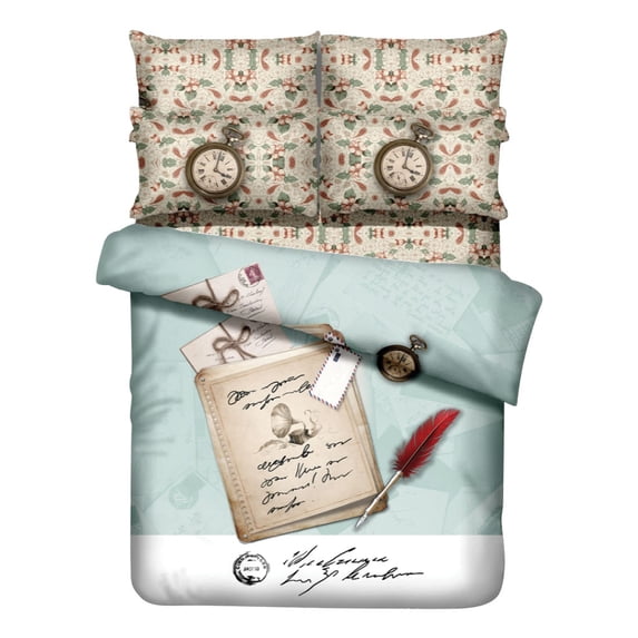 Twin Size 4 Piece Duvet Cover Sheets Set - Clocks