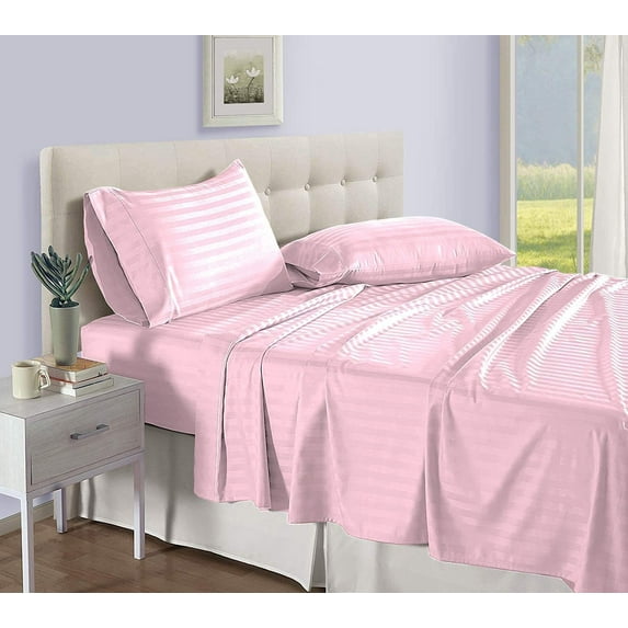 Twin Size 500-Thread-Count 4-PCs Bed Sheet Set, Luxury Egyptian Cotton Sheet Set – Soft, Durable & Breathable Bedding, Fits Mattress Upto 10-12" Deep Pocket, Stripe Light Pink
