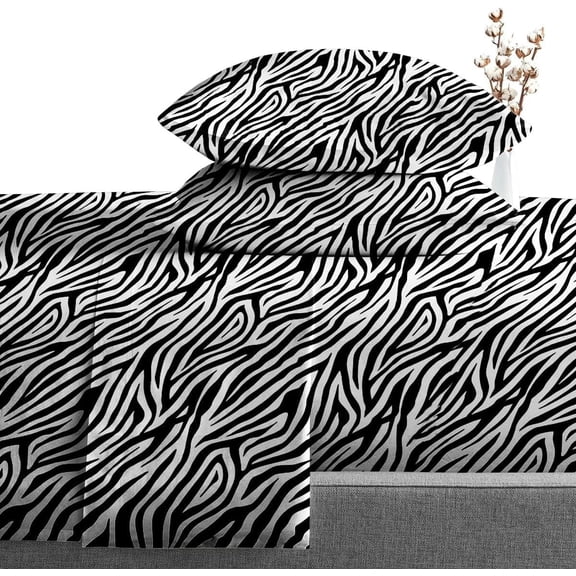 Twin Size 500-Thread-Count 4-PCs Bed Sheet Set, Luxury Egyptian Cotton Sheet Set – Soft, Durable & Breathable Bedding, Fits Mattress Upto 19-24" Deep Pocket, Zebra Print