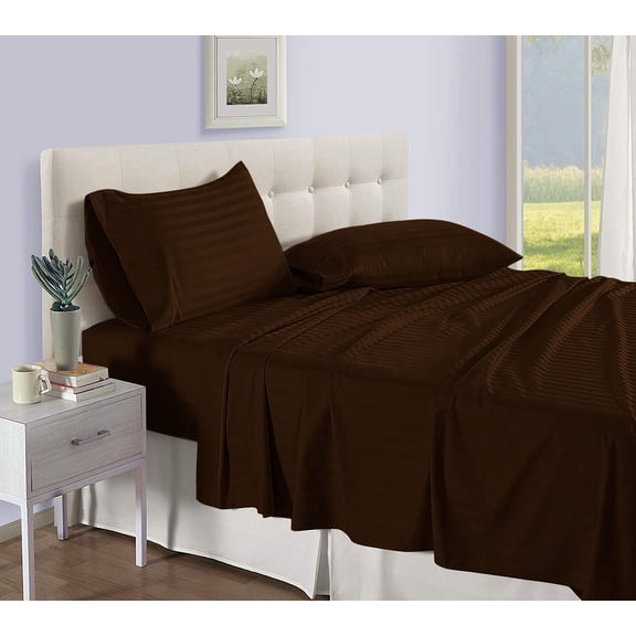 Twin Size 500-Thread-Count 4-PCs Bed Sheet Set, Luxury Egyptian Cotton Sheet Set – Soft, Durable & Breathable Bedding, Fits Mattress Upto 19-24" Deep Pocket, Stripe Chocolate