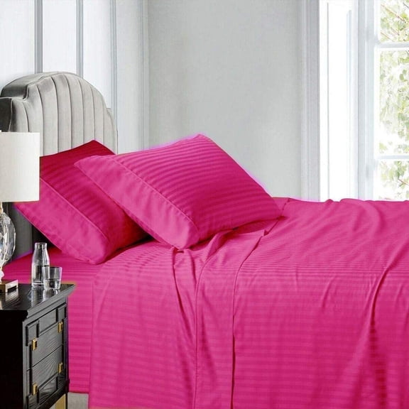 Twin Size 500-Thread-Count 4-PCs Bed Sheet Set, Luxury Egyptian Cotton Sheet Set – Soft, Durable & Breathable Bedding, Fits Mattress Upto 6-9" Deep Pocket, Stripe Hot Pink