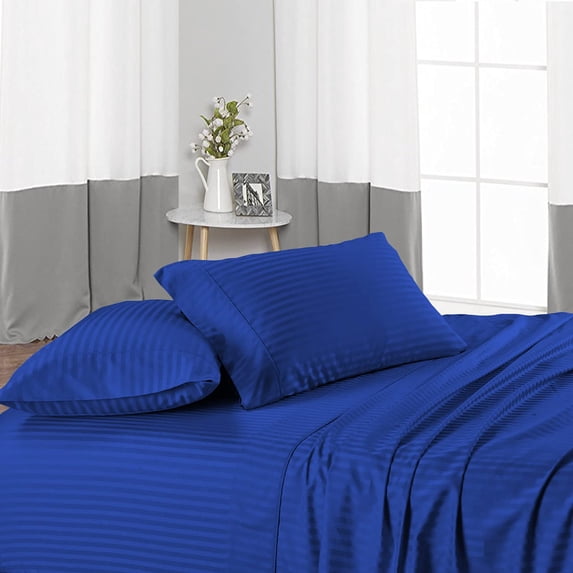 Twin Size 7 Piece Bedding Sheet Set, Includes 1 Flat Sheet, 1 Fitted Sheet 30" Deep Pocket, 1 Zippered Duvet Cover and 4 Pillowcases - Ultra Soft 600TC Egyptian Cotton - Royal Blue Stripe.