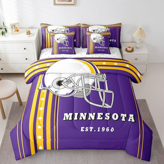 Twin Size 7-Piece Football Gifts Comforter Sets for Football Lovers American Football Comforter Set with Sheets,Minnesota(1 Comforter,1 Flat Sheet,1 Fitted Sheet,2 Pillowcases,2 Throw Pillow Covers)