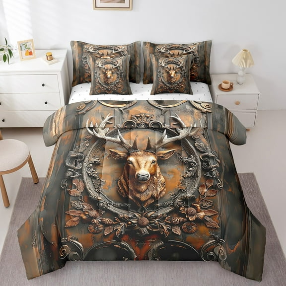 Twin Size 7Pcs Deer Comforter Set Hunting Gifts For Men,Deer Hunter Bedding Christmas Gifts Country Cabin Wildlife Comforter   Flat Sheet   Fitted Sheet   2 Pillowcases   2 Throw Pillow Covers