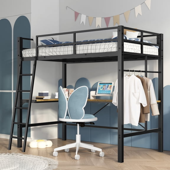 Twin Size Adjustable Bed Base, Twin Metal Loft Bed with L-Shaped Desk, Charging Station Loft Bed Frame Twin Size, Safety Guard & Ladder, No Box Spring Needed, Black, Antique Black Bed Frames