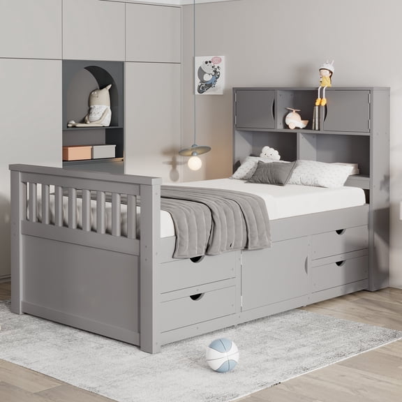 Twin Size Adjustable Bed Base, Twin Size Captain Platform Bed Frame with Storage Bookcases and Shelves,Four Drawers,Gray, Gray Bed Frames,Solid Wood+Mdf Platform Bed Frames