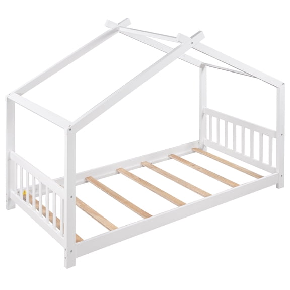 Twin Size Adjustable Bed Base, Twin Size House Platform Bed with Headboard and Footboard,Roof Design,White, White Bed Frames,Pine Platform Bed Frames
