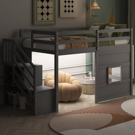 Twin Size Adjustable Bed Base, Twin Size Loft Bed with Storage Staircase and Window, With LED Light, Gray, Gray Bed Frames,Solid Wood+Mdf Platform Bed Frames