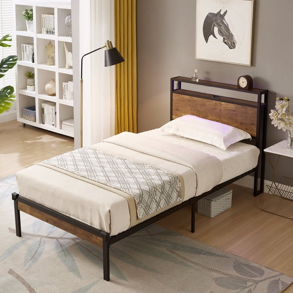 Twin Size Adjustable Bed Base, Twin Size Metal Platform Bed Frame with Wooden Headboard and Footboard with USB LINER, No Box Spring Needed, Under Bed Storage, Easy Assemble, Black+Brown Bed Frames