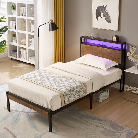 Twin Size Adjustable Bed Base, Twin Size Metal Platform Bed Frame with Wooden Headboard and Footboard with USB LINER, LED Lights ,No Box Spring Needed, Large Under Bed Storage, Easy Assemble