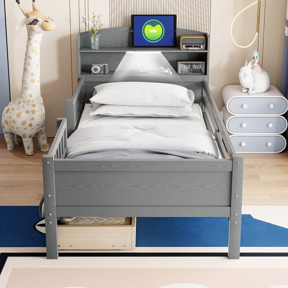 Twin Size Adjustable Bed Base, Wood Twin Size Platform Bed with Built-in LED Light, Multi-functional Headboard, Guardrail and 2 Drawers, Gray, Gray Bed Frames,Solid Wood+Mdf Platform Bed Frames