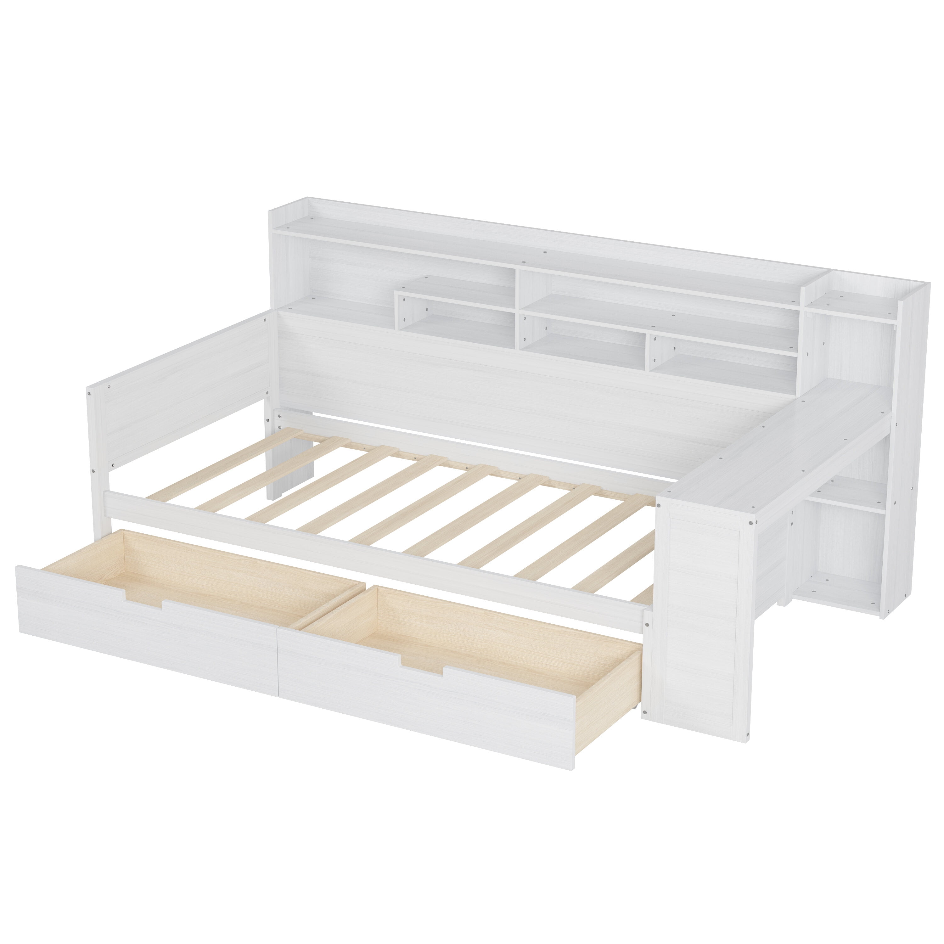 Twin Size Adjustable Bed Base, Wooden Twin Size Daybed with Storage Shelves, Multi-functional Bed with Two Storage Drawers and Study Desk, Antique White (Old SKU: HL000189AAK), Bed Frames