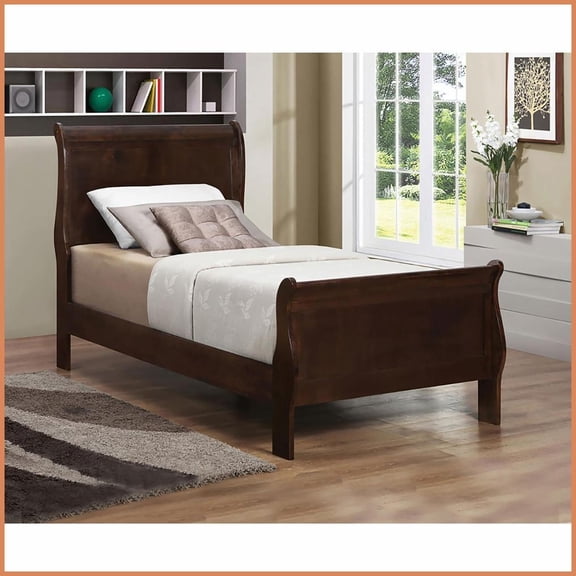 Twin Size Asian Hardwood Sleigh Bed Frame - Cappuccino Finish, 300lbs Support for Guest Room