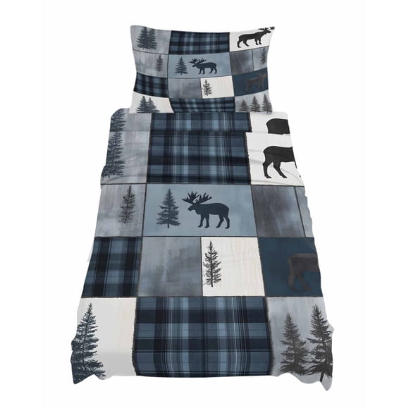 Twin Size Bear Moose Sheet Sets Blue Retro Forest Wild Animal Buffalo Plaid Patchwork Soft Breathable Microfiber Bed Sheets 4 Piece Bed Sheets Set, 1 Fitted Sheet, 1 Flat Sheet & 1 Pillowcases