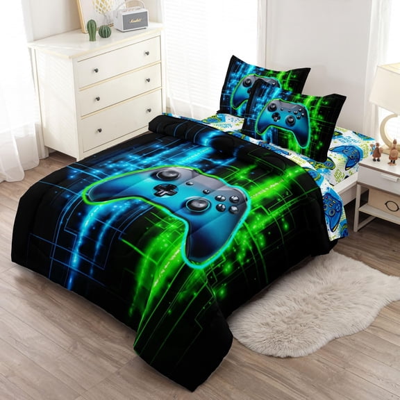 Twin Size Bed in A Bag 5 Pieces Gaming Bedding Set for Boys Blue Gamer Comforter with Sheet Set for Kids Teen Cool Video Game Quilt Bedding Set (Green Blue)